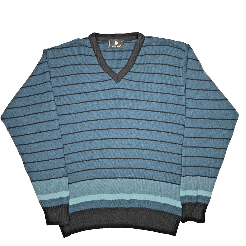 VTG Bonanza Sweater Mens 38 Striped Lambswool‎ V Neck Pullover Preppy Academia